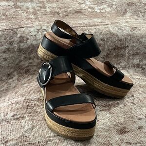 UGG Black Leather Espadrille Platform Sandals with Buckle
